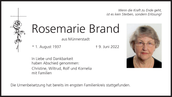 Anzeige von Rosemarie Brand von MGO