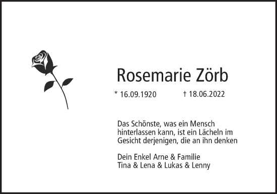 Anzeige von Rosemarie Zörb von MGO