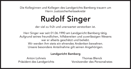 Anzeige von Rudolf Singer von MGO