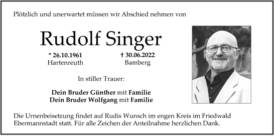 Anzeige von Rudolf Singer von MGO