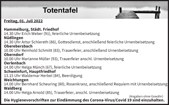 Anzeige von Totentafel vom 01.07.2022 von MGO