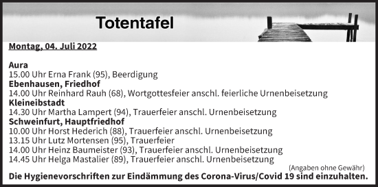 Anzeige von Totentafel vom 04.07.2022 von MGO