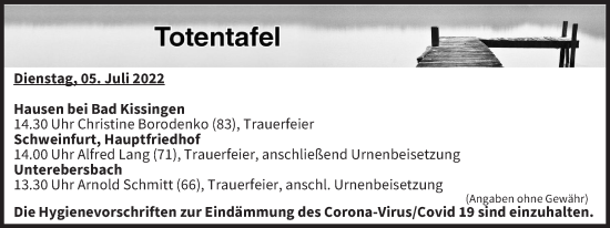 Anzeige von Totentafel vom 05.07.2022 von MGO