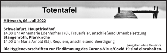 Anzeige von Totentafel vom 06.07.2022 von MGO