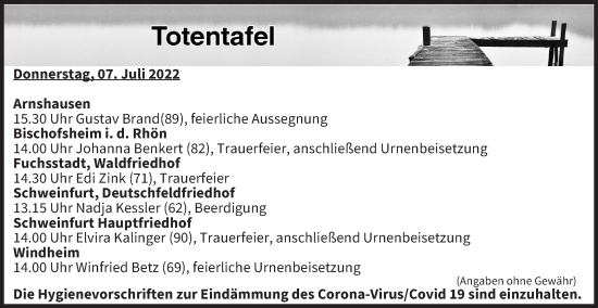 Anzeige von Totentafel vom 07.07.2022 von MGO