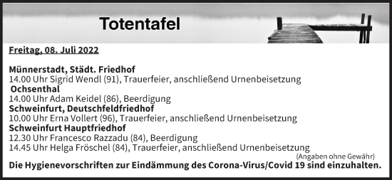 Anzeige von Totentafel vom 08.07.2022 von MGO
