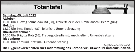 Anzeige von Totentafel vom 09.07.2022 von MGO