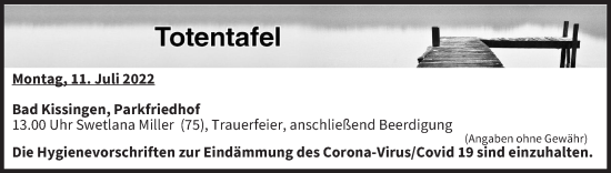 Anzeige von Totentafel vom 11.07.2022 von MGO