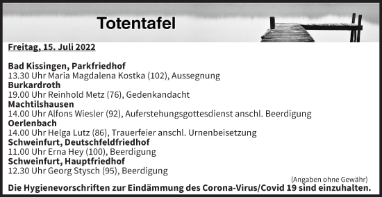 Anzeige von Totentafel vom 15.07.2022 von MGO
