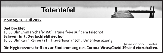 Anzeige von Totentafel vom 18.07.2022 von MGO