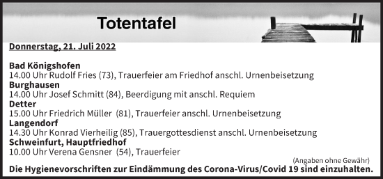 Anzeige von Totentafel vom 21.07.2022 von MGO