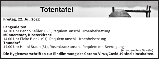Anzeige von Totentafel vom 22.07.2022 von MGO