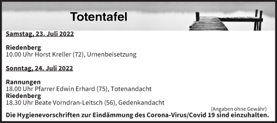 Anzeige von Totentafel vom 23.07.2022 von MGO