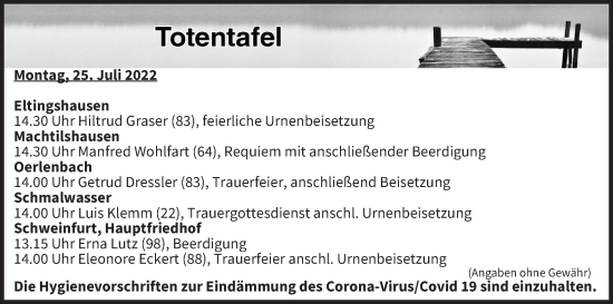 Anzeige von Totentafel vom 25.07.2022 von MGO