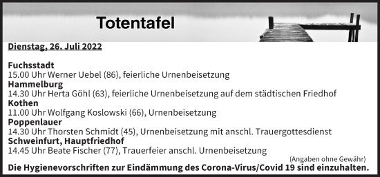 Anzeige von Totentafel vom 26.07.2022 von MGO