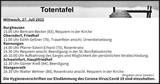 Anzeige von Totentafel vom 27.07.2022 von MGO