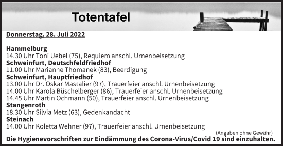 Anzeige von Totentafel vom 28.07.2022 von MGO