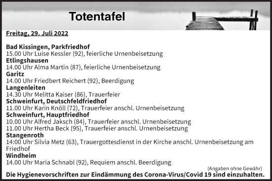 Anzeige von Totentafel vom 29.07.2022 von MGO
