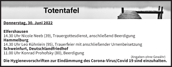 Anzeige von Totentafel vom 30.06.2022 von MGO