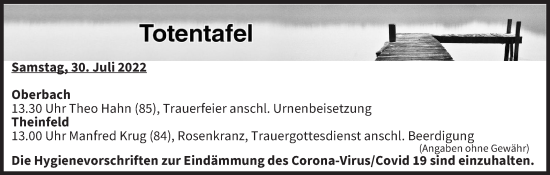 Anzeige von Totentafel vom 30.07.2022 von MGO