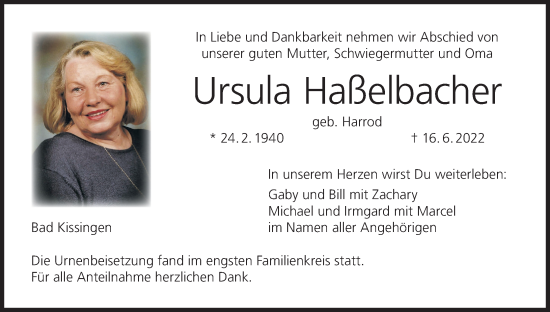 Anzeige von Ursula Haßelbacher von MGO