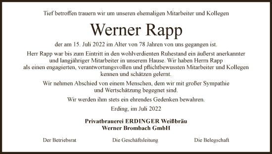 Anzeige von Werner Rapp von MGO