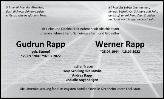 Anzeige von Werner Rapp von MGO