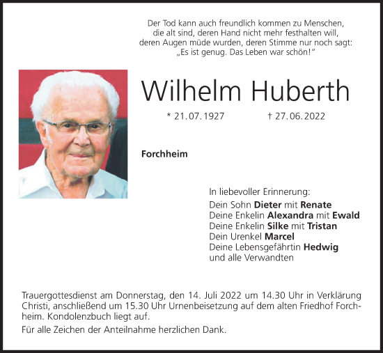 Anzeige von Wilhelm Huberth von MGO