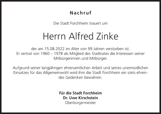 Anzeige von Alfred Zinke von MGO