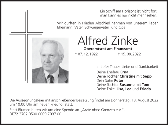 Anzeige von Alfred Zinke von MGO