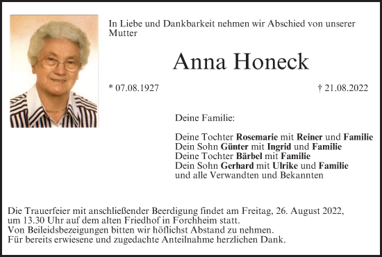 Anzeige von Anna Honeck von MGO