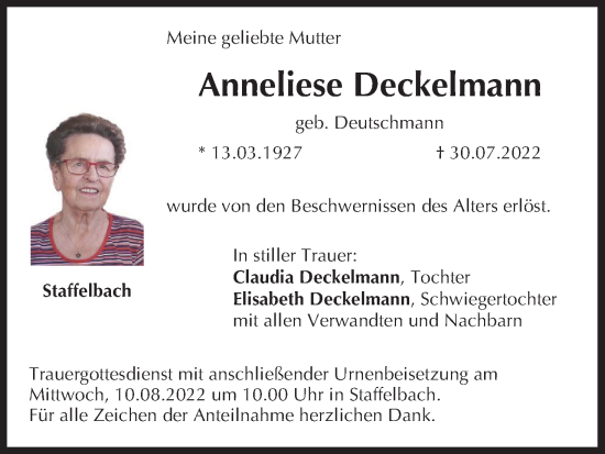 Anzeige von Anneliese Deckelmann von MGO
