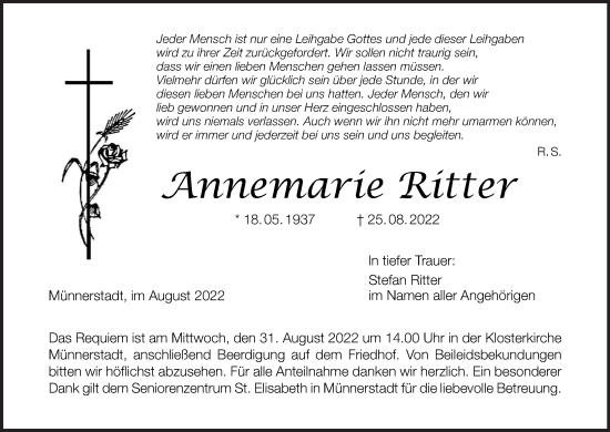 Anzeige von Annemarie Ritter von MGO