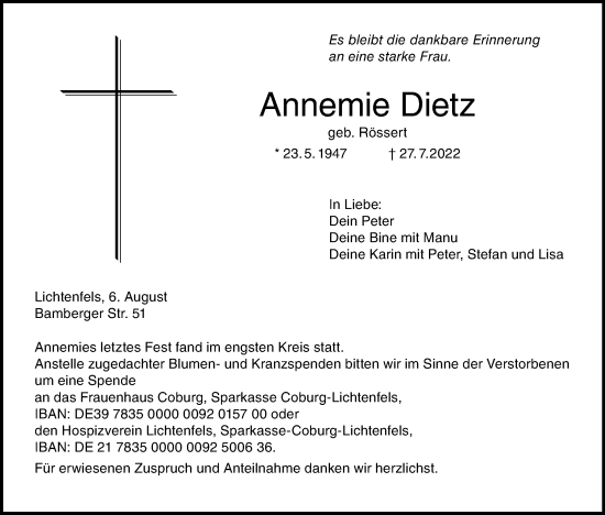 Anzeige von Annemie Dietz von MGO