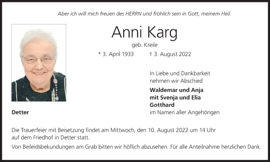 Anzeige von Anni Karg von MGO