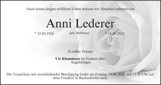 Anzeige von Anni Lederer von MGO