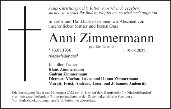 Anzeige von Anni Zimmermann von MGO