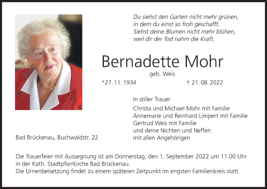 Anzeige von Bernadette Mohr von MGO