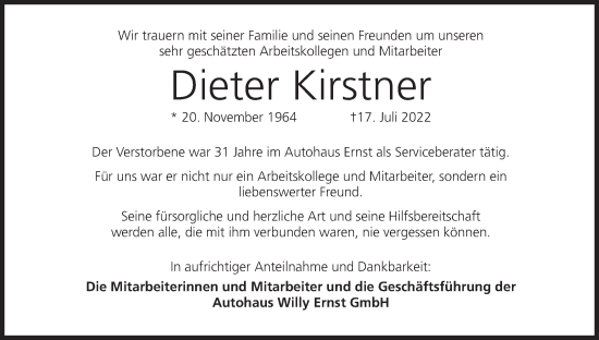 Anzeige von Dieter Kirstner von MGO