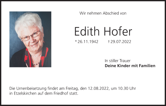 Anzeige von Edith Hofer von MGO