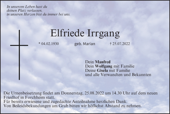 Anzeige von Elfriede Irrgang von MGO