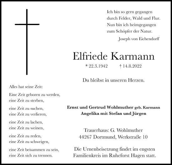 Anzeige von Elfriede Karmann von MGO