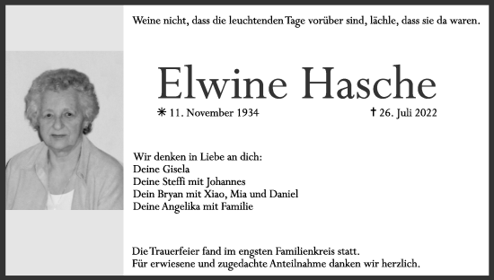 Anzeige von Elwine Hasche von MGO