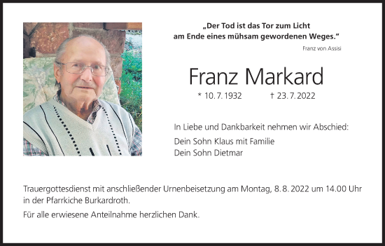Anzeige von Franz Markard von MGO