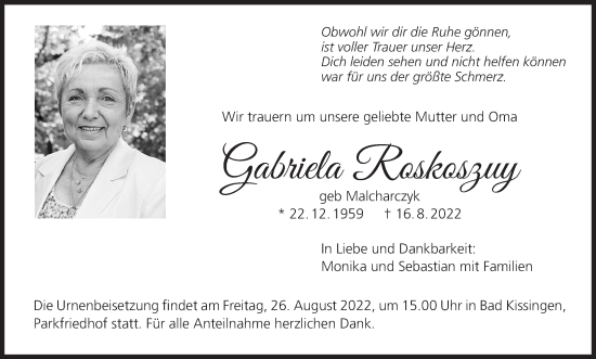 Anzeige von Gabriela Roskoszuy von MGO