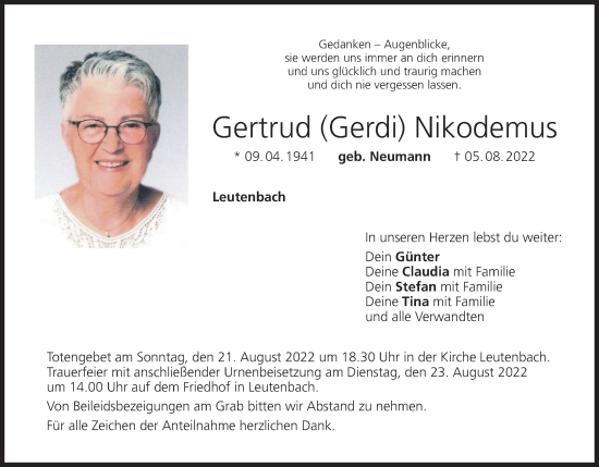 Anzeige von Gertrud Nikodemus von MGO