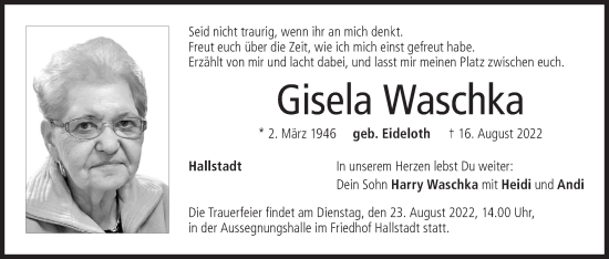 Anzeige von Gisela Waschka von MGO