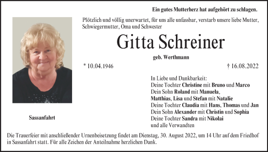 Anzeige von Gitta Schreiner von MGO