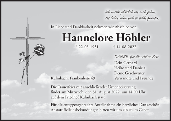 Anzeige von Hannelore Höhler von MGO
