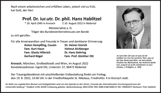 Anzeige von Hans Hablitzel von MGO